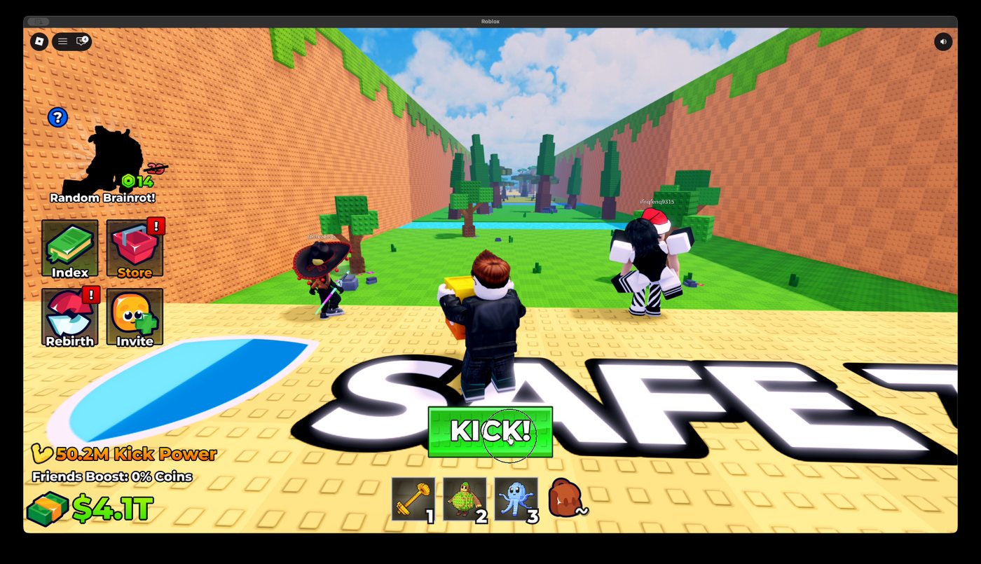 Kick a Lucky Block player standing by the safe runway with the Kick button visible.