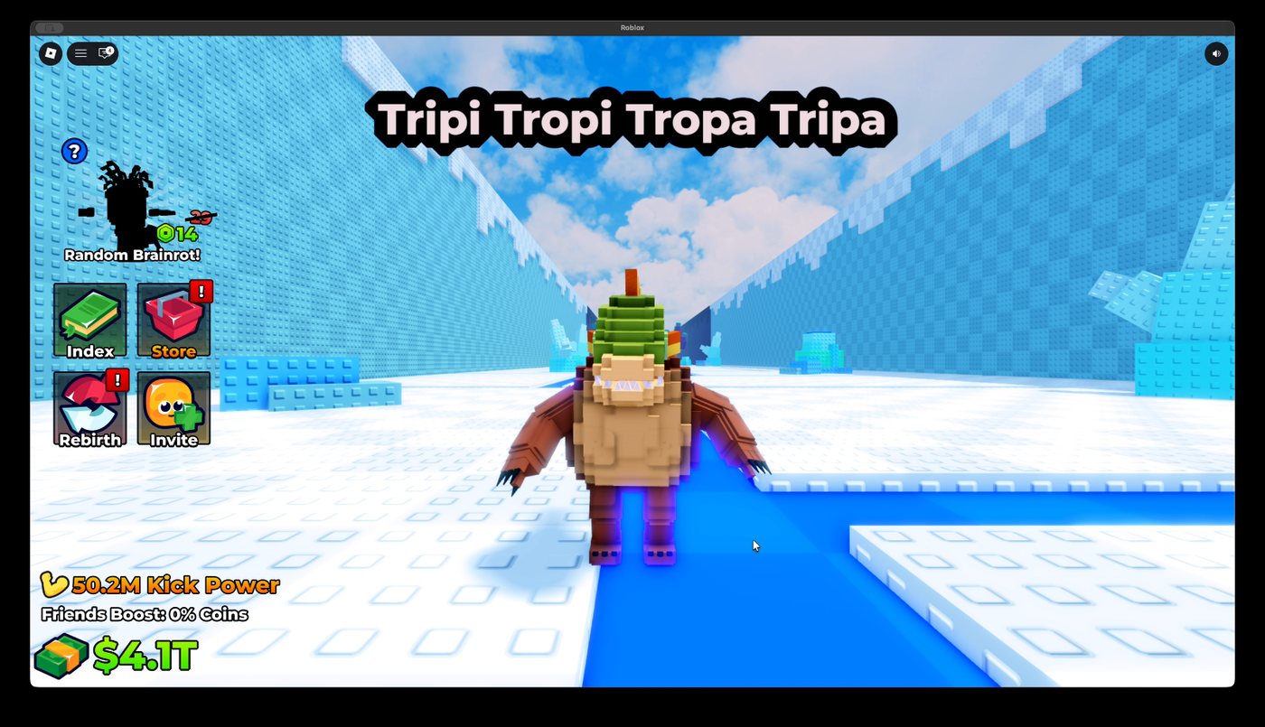 Reward reveal screen showing the Tripi Tropi Tropa Tripa brainrot character.