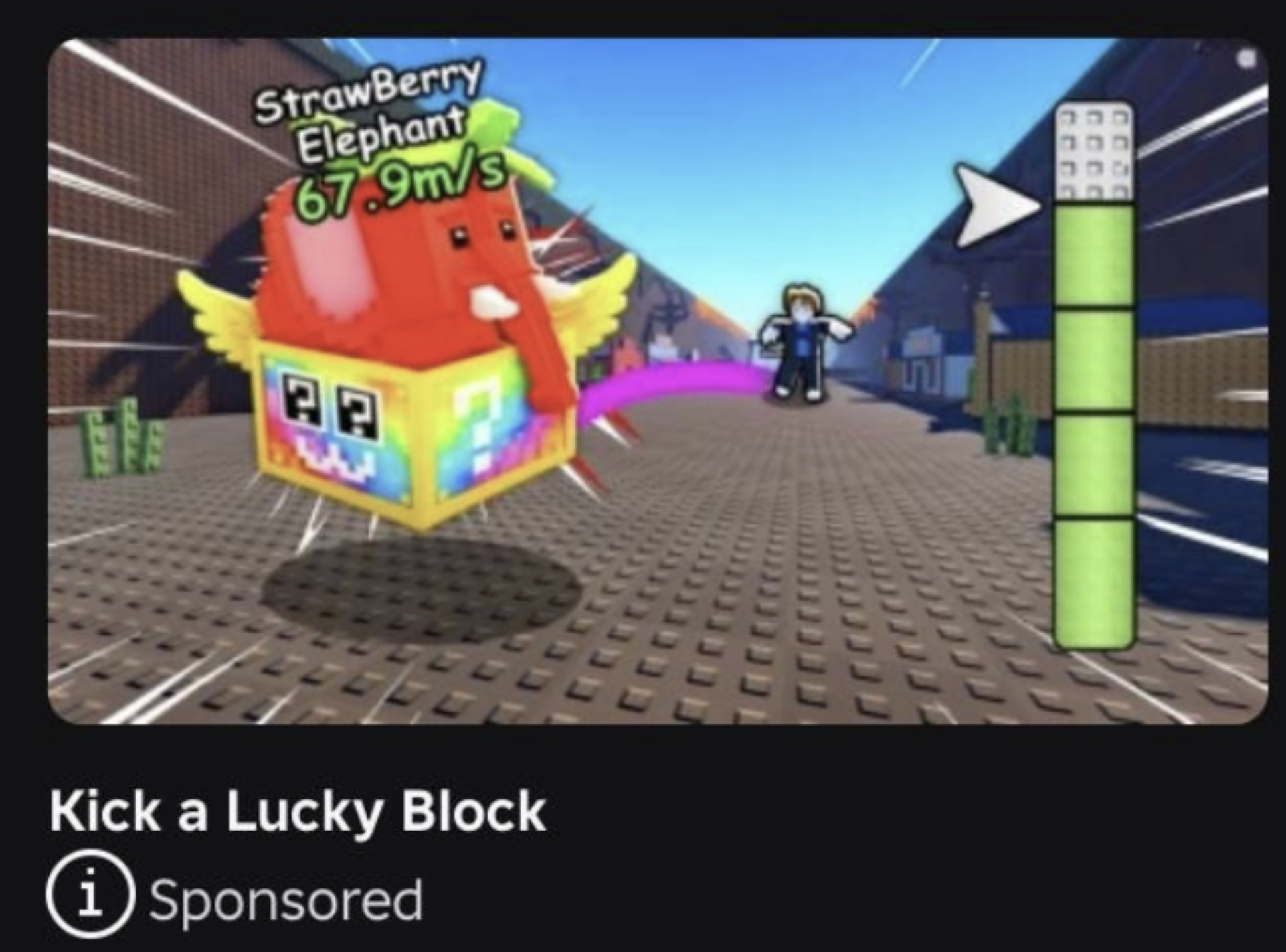 Roblox sponsored discovery tile screenshot for Kick a Lucky Block.