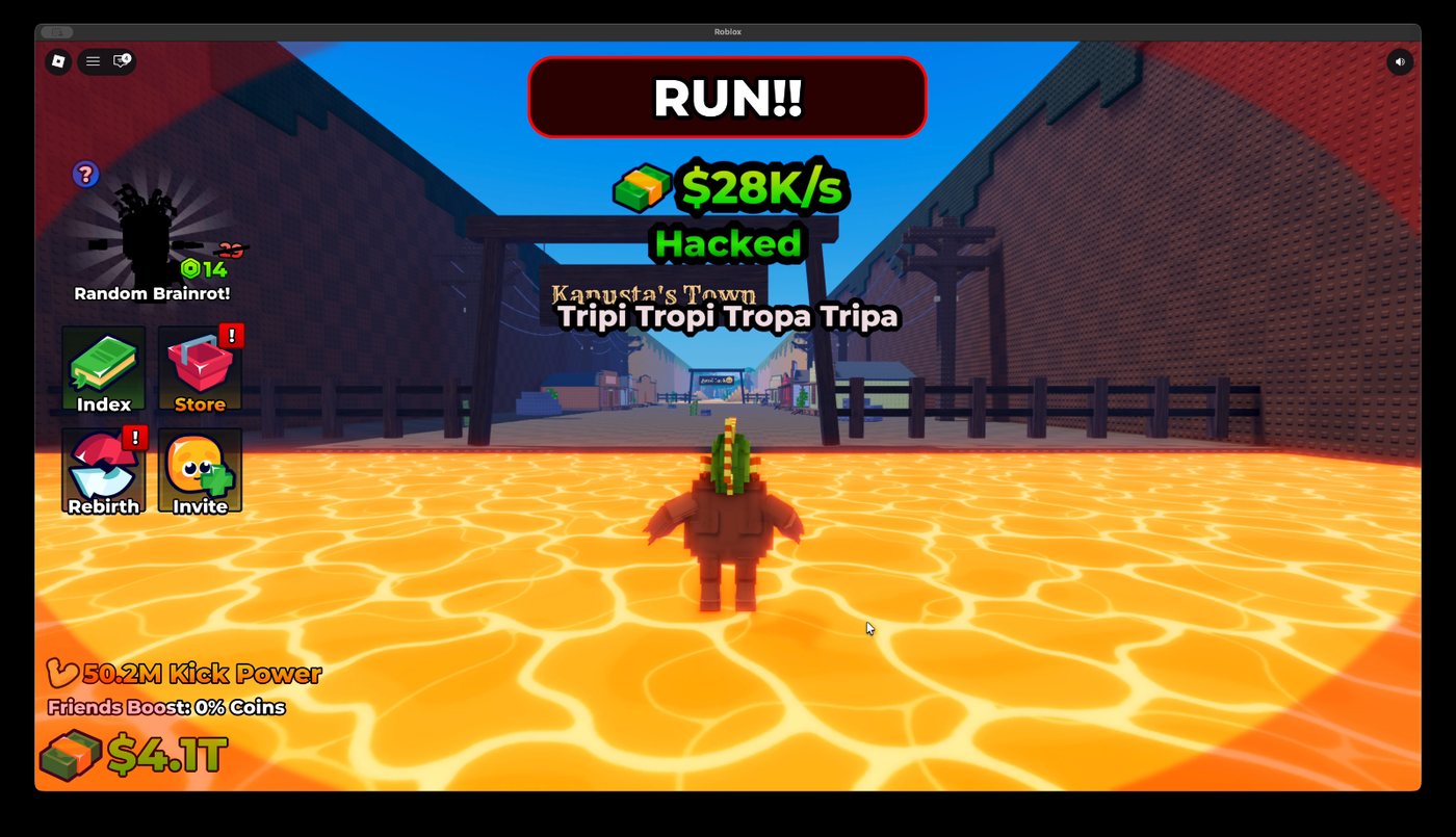 Kick a Lucky Block run sequence with a red Run prompt over a lava obstacle area.