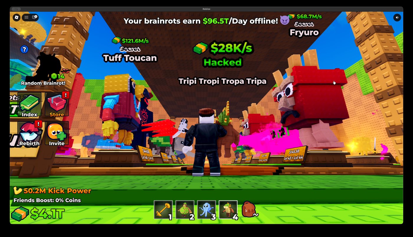 Kick a Lucky Block player standing near collected brainrots that earn offline income.