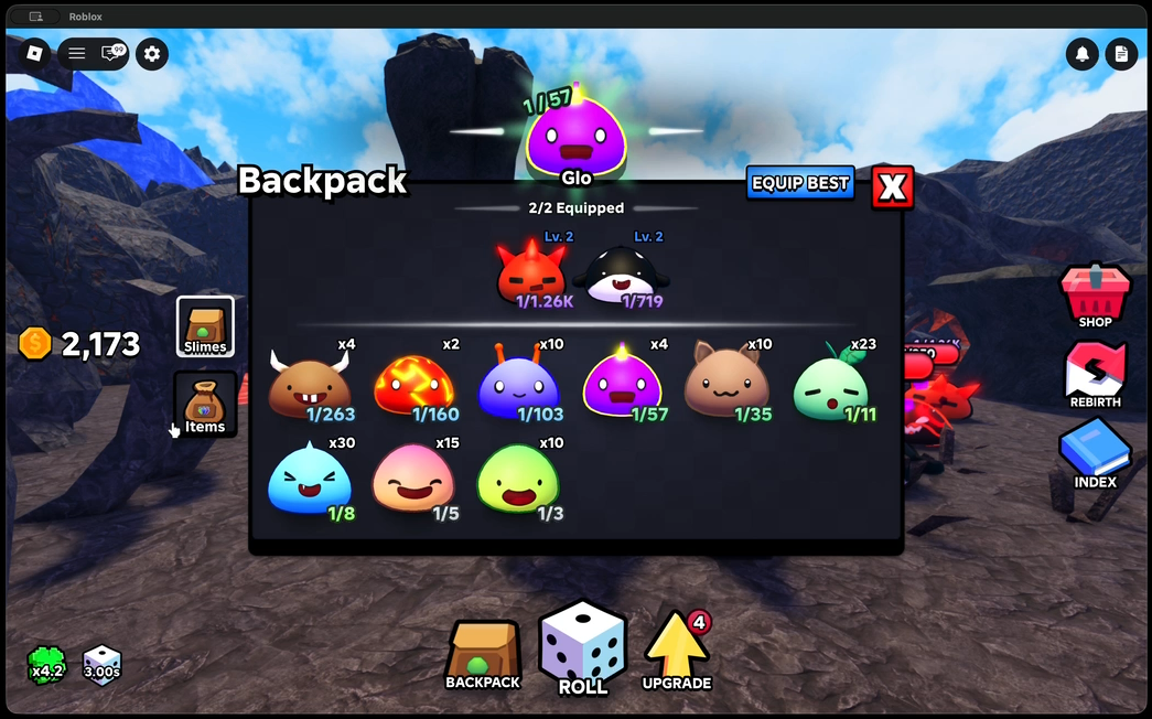 Slime RNG backpack menu showing owned slimes, rarity counts, and equipped units.