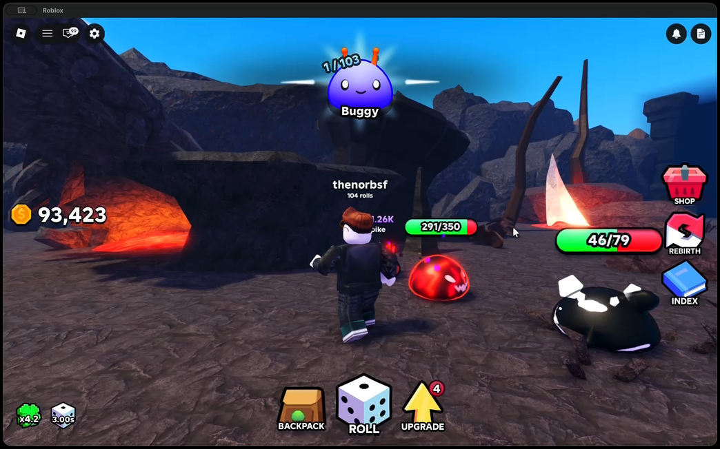 Slime RNG gameplay showing equipped slimes fighting an enemy slime.
