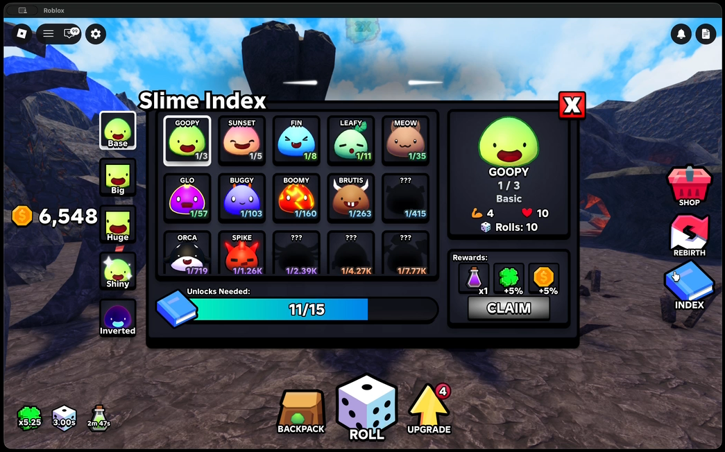 Slime RNG index menu showing discovered slime collection progress and claimable rewards.