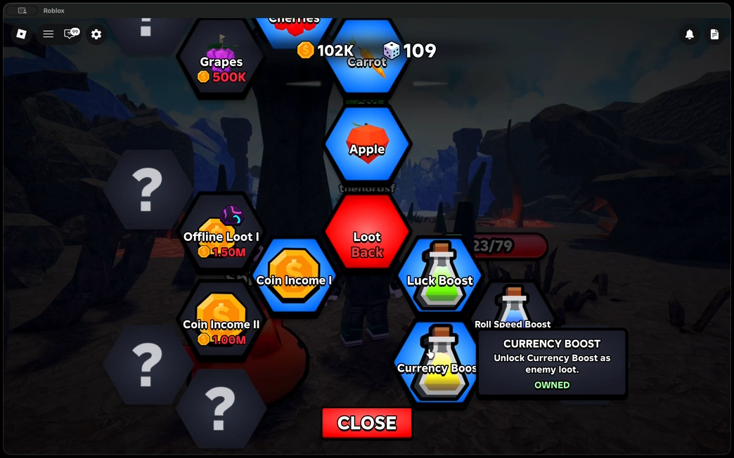 Slime RNG upgrade map showing roll speed, luck, coins, and area progression nodes.