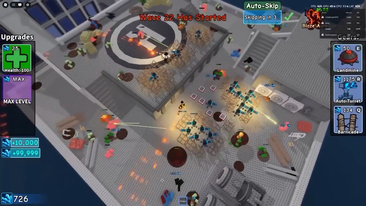 Survive Zombie Arena players defending multiple barricades and turrets during a wave.