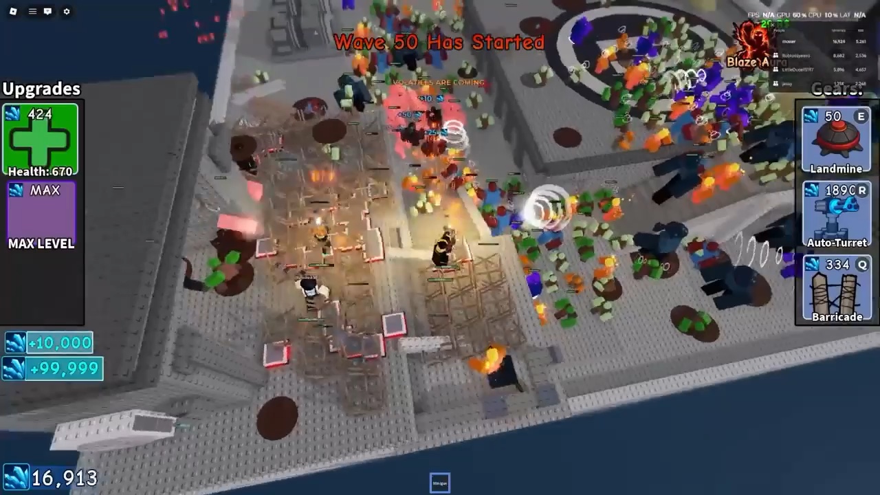 Survive Zombie Arena wave 50 fight with players, turrets, barricades, and zombies across the arena.