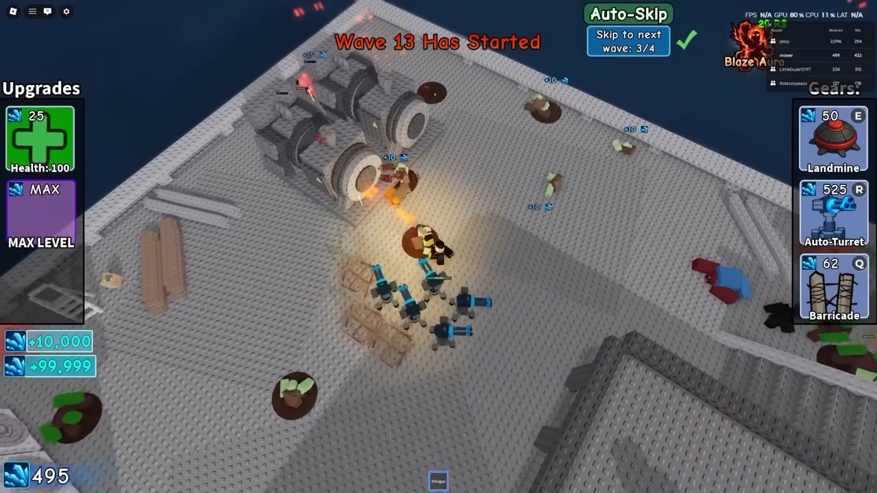 Survive Zombie Arena player surrounded by auto turrets, landmines, and barricade controls.
